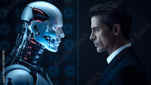 Concept of competition between humans and artificial intelligence robots photo