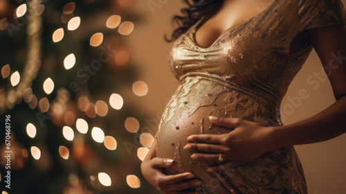 close up of pregnant woman wearing luxury gold evening gow on Christmas bokeh background photo
