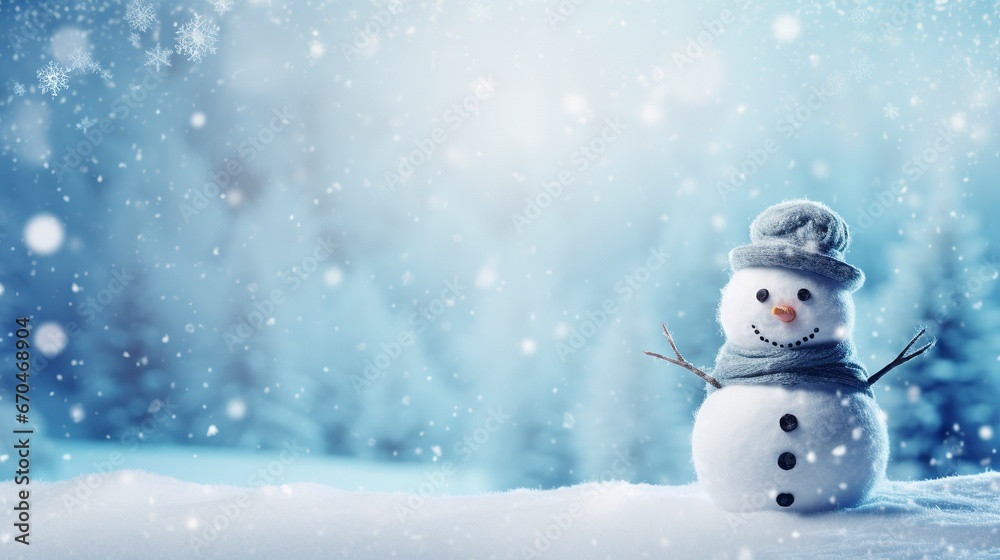 Panoramic view of happy snowman in winter secenery with copy space, generative ai