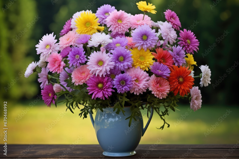 Beautiful vase with asters on the table on a beautiful nature background