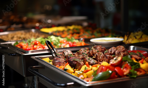 People group catering buffet food indoor in restaurant with meat colorful fruits and vegetables