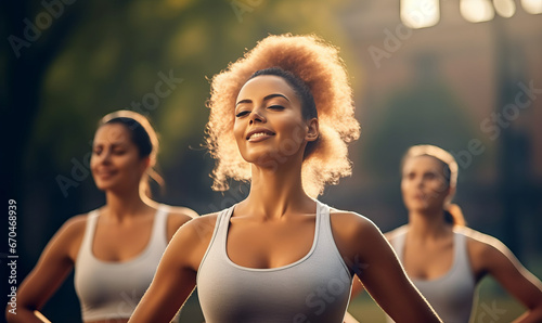 Group of multiethnic women stretching arms outdoor. Yoga class doing breathing exercise at park. Beautiful fit women doing breath exercise together with outstretched arms. © GustavsMD
