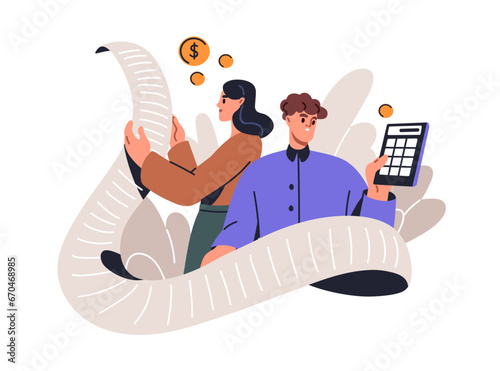 Family budget concept. Couple and personal finance, financial literacy. Household money, accounting, economy. Calculating income and expenses. Flat vector illustration isolated on white background