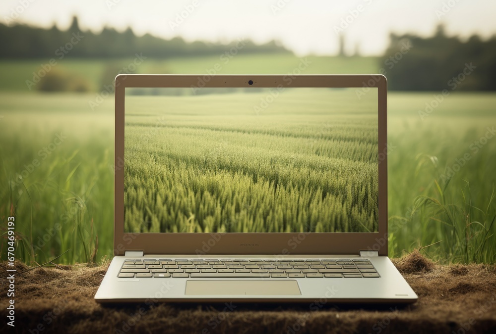 Laptop in the garden - freelance or remote work concept. - obrazy, fototapety, plakaty 