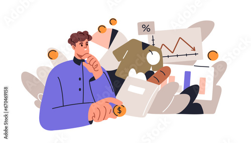 Expenses, spendings and lack of money concept. Man planning personal budget, paying for needs, managing costs, expenditures, spreading finances. Flat vector illustration isolated on white background