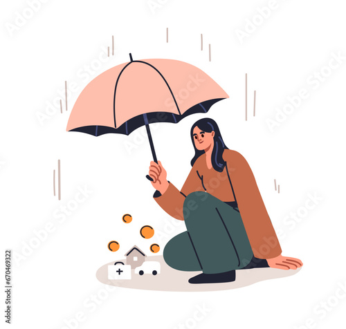 Insurance, life risk protection, security concept. Assured insured person with umbrella protecting, defending health, car, house from emergencies. Flat vector illustration isolated on white background
