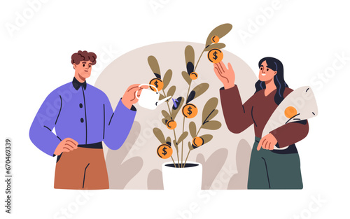 Income, wealth growth, financial literacy concept. Family couple growing finance success, money plant, earning benefit, gaining profit. Flat graphic vector illustration isolated on white background