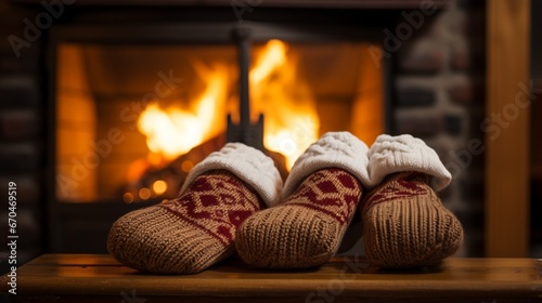 A pair of mittens, resting on a wooden table, with a backdrop of a cozy fireplace.
