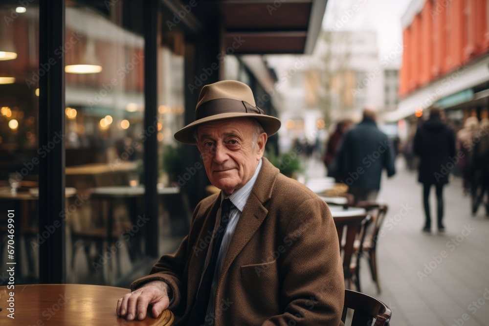 Elderly man in a hat and coat sitting in a cafe. Elderly man in a hat and coat sitting in a cafe.