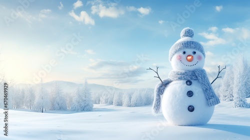 Panoramic view of happy snowman in winter secenery with copy space, generative ai © Nia™