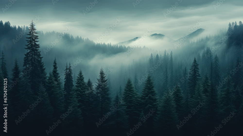 Misty forest with mountains background in vintage retro style, desktop wallpaper. Generative AI