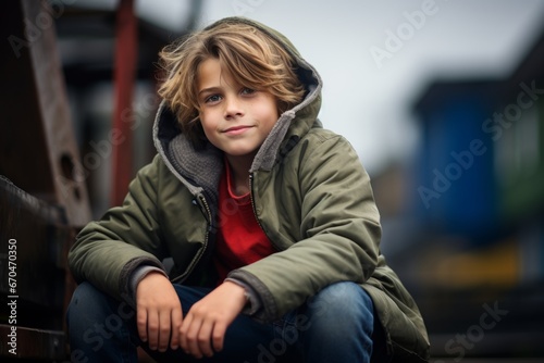 Portrait of a cute little boy sitting on a bench outdoors.