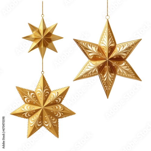 Set of Christmas stars decorations isolated on transparent background, generative AI
