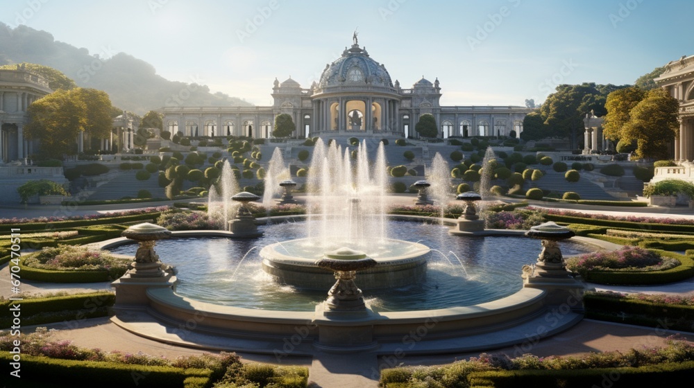 A panoramic view of a grand fountain with intricate sculptures, its beauty magnified by the morning light and lush lawn backdrop.