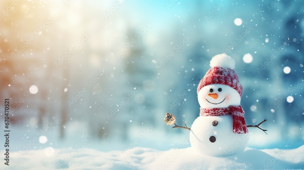 Panoramic view of happy snowman in winter secenery with copy space, generative ai Panoramic view of happy snowman in winter secenery with copy space, generative ai