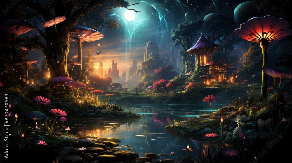 Obraz premium Enchanted forest glows with luminescent mushrooms, serene stream, and magical flora under a twilight canopy.