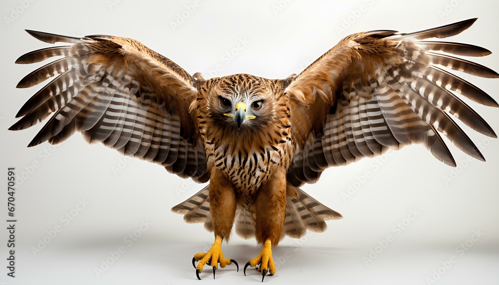 red tailed hawk in flight. Red tailed hawk isolated on white background with shadow. Hawk isolated. Hawk with his wings spread on white background. - obrazy, fototapety, plakaty 