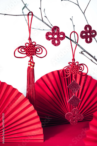 Chinese New Year  .Decor pattern fan on red background. Red paper fans .Lunar New Year banner template. Color of the year  Lunar New Year chinese banner new year
