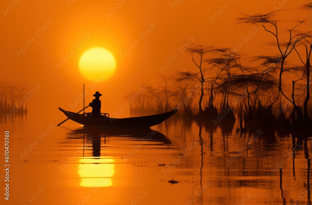 sunrise on the sun shining over the treetops with the boat in the water sunrise on the sun shining over the treetops with the boat in the water