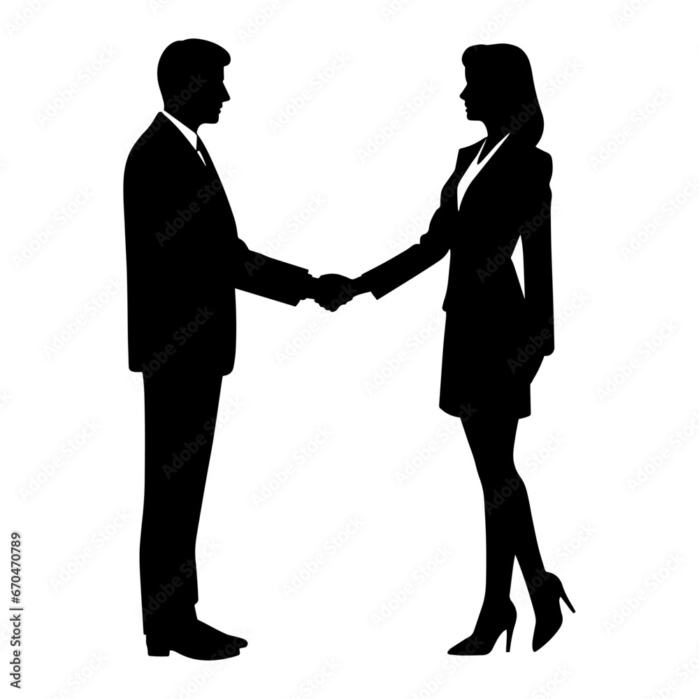 Silhouette of a Businessman and a businesswoman shaking hands after a deal. Vector illustration