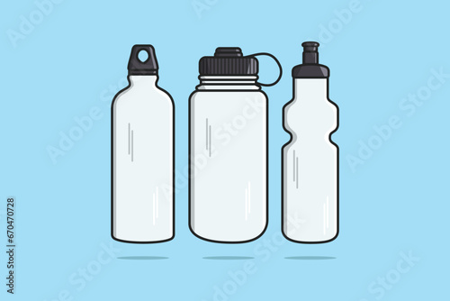 Gym water bottle collection with carry strap vector icon illustration. Drink objects icon design concept, Gym bottle, School water bottle, Drinking water, Fitness flask, Sport water bottle,