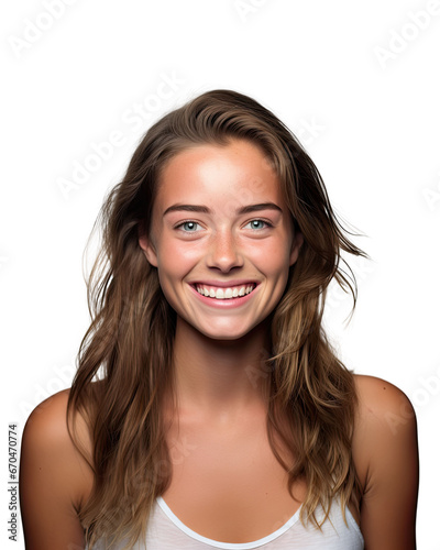 close-up of a smiling woman, brown hair, tanktop, transparent background