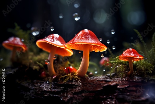 illustration of morning dew on glowing mushrooms, Generative ai