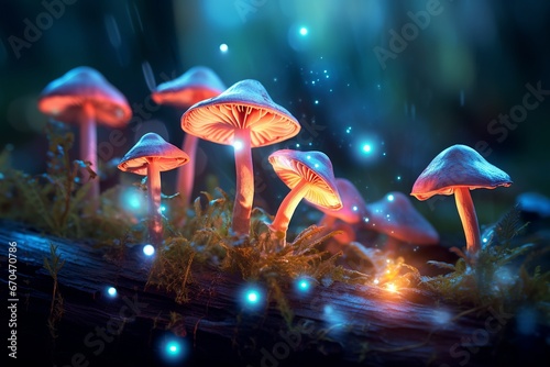 illustration of morning dew on glowing mushrooms, Generative ai © rajesh