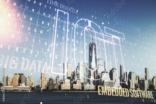 Abstract virtual IOT hologram on New York city skyline background. Multiexposure
