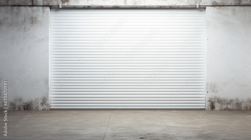 Closed gray roller shutters, closed storage area or garage, warehouse space - obrazy, fototapety, plakaty 