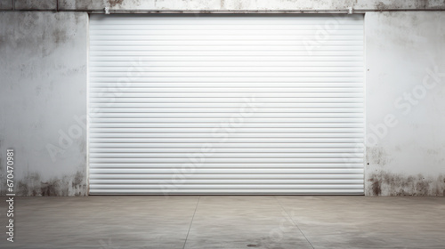 Closed gray roller shutters, closed storage area or garage, warehouse space photo