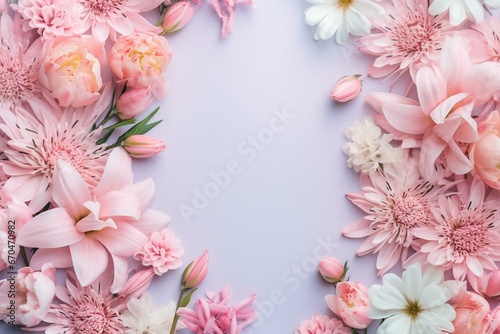 Fresh spring summer flowers in a creative composition with waves of pastel colors. A mock-up view with copy space, presented in a top flat lay style. Perfect for posters and invitations. Generative AI