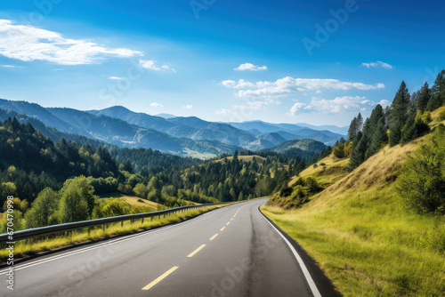 Long automobile road, highway along mountains and forests, travel concept, traveling by car