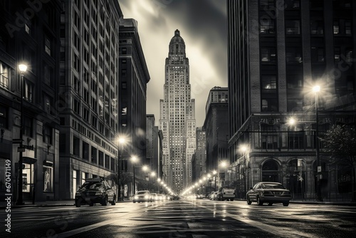 Moody monochrome view of cityscape, urban city, historical and classic, black and white photo