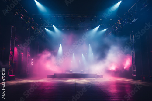 An empty stage ready for concert, with big colored lights and smoke © Adrian Grosu