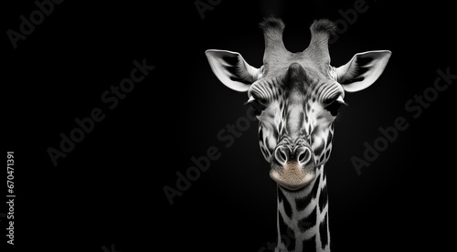 A Giraffe on black background. Copy space for text. AI generated digital portrait of a happy animal.  © Maroubra Lab