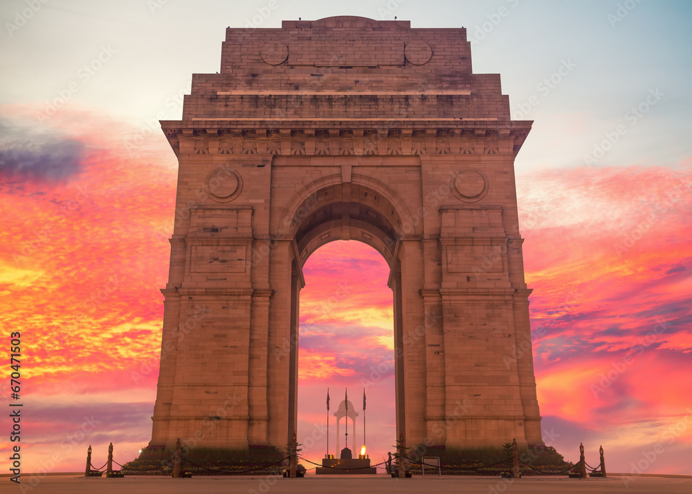 India Gate in sunset lights, famous landmark of New Delhi, no people