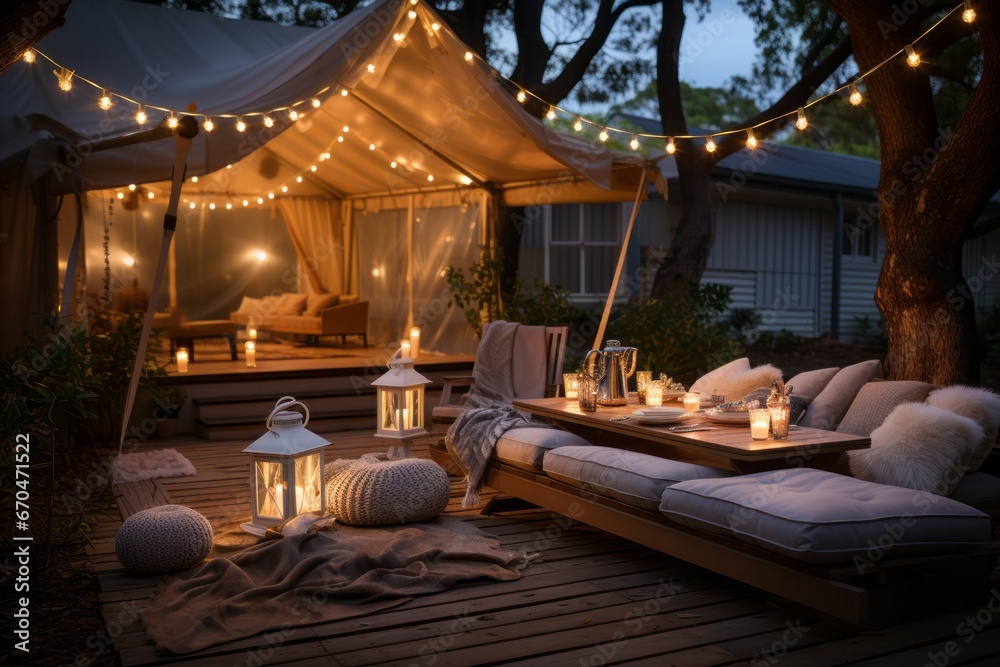 Backyard picnic under a canopy of twinkling fairy lights, Generative AI - obrazy, fototapety, plakaty 