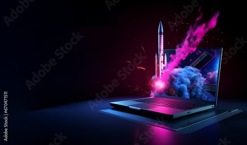 A Space Rocket launching from laptop screen, black background, neon tech lights. Copy space for text. AI generated image, postproduction.  photo