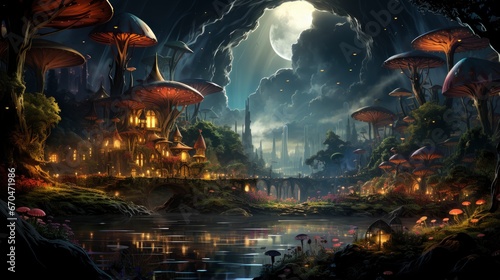 Enchanted forest glows with luminescent mushrooms  serene stream  and magical flora under a twilight canopy.