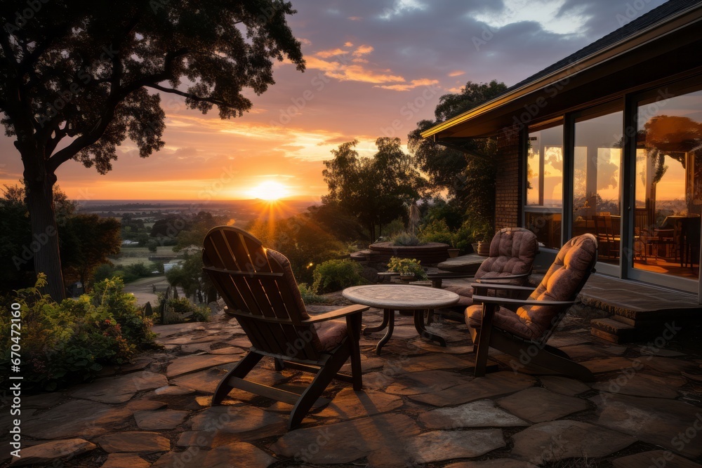  Backyard sunset casting warm hues over the landscape, Generative AI