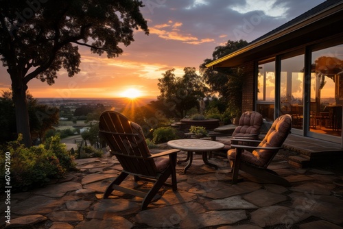  Backyard sunset casting warm hues over the landscape, Generative AI