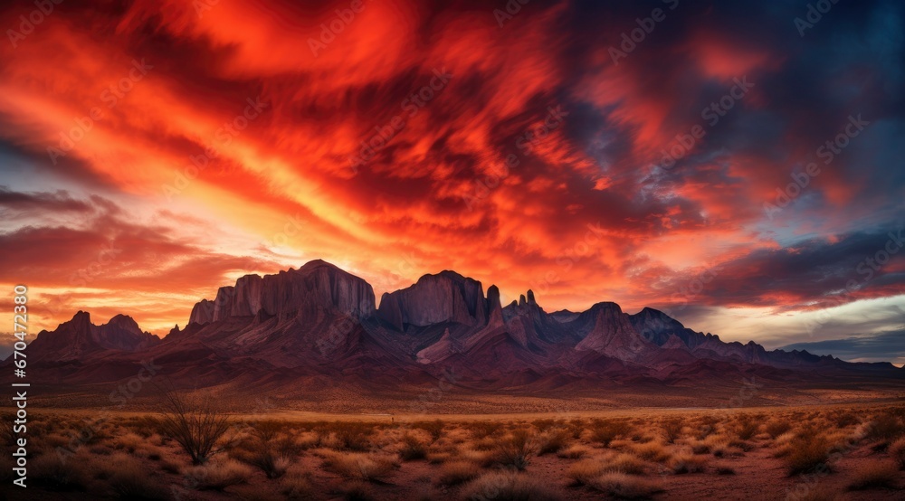 Nature background of mountains panorama. Colorful sunset. Northern lights. sunset desert landscape. Wild Western desert sunset with mountains