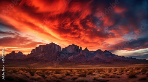Nature background of mountains panorama. Colorful sunset. Northern lights. sunset desert landscape. Wild Western desert sunset with mountains