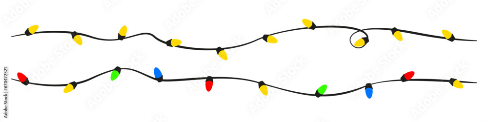 Christmas lights flat vector illustration. Bright yellow and colorful glowing garland. Celebration decoration design element.