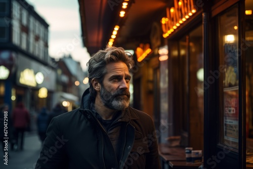 Portrait of a bearded man with gray hair and beard in a black jacket on a city street.
