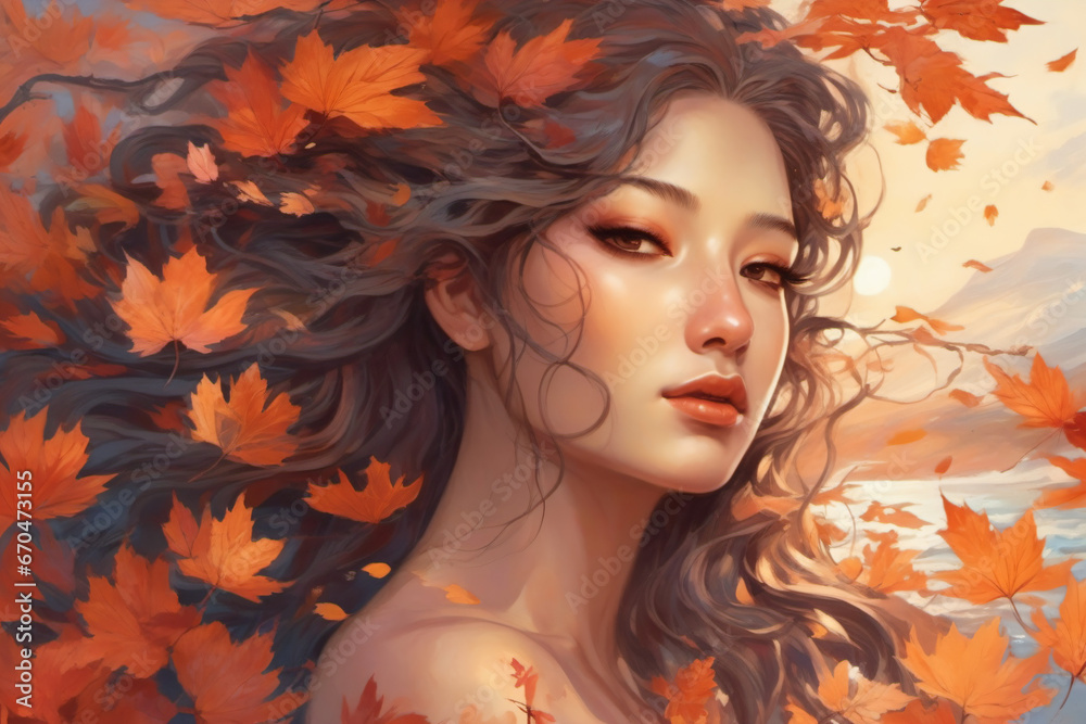 Close-up of a charming beautiful woman with orange autumn leaves
