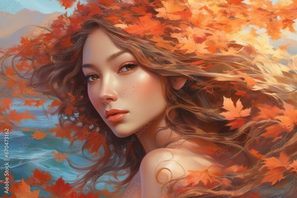 Close-up of a charming beautiful woman with orange autumn leaves