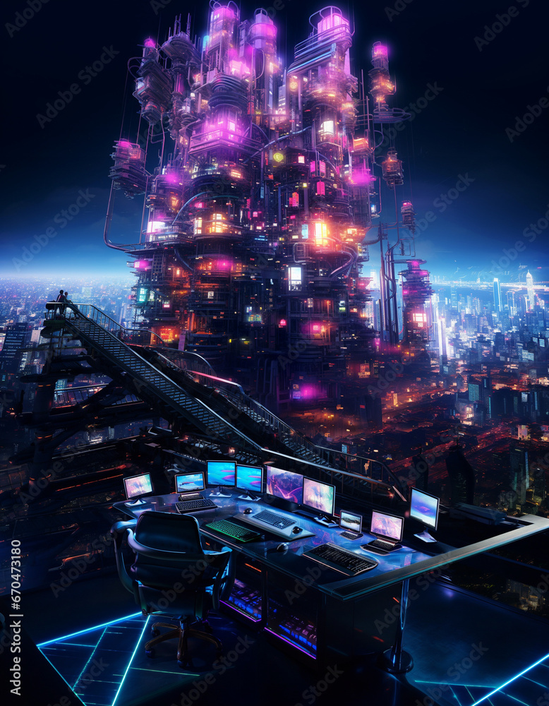 Futuristic cyberpunk urban cityscape, Neon Lights, 
traffic at night