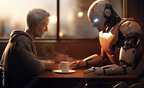 old man sitting with a robot